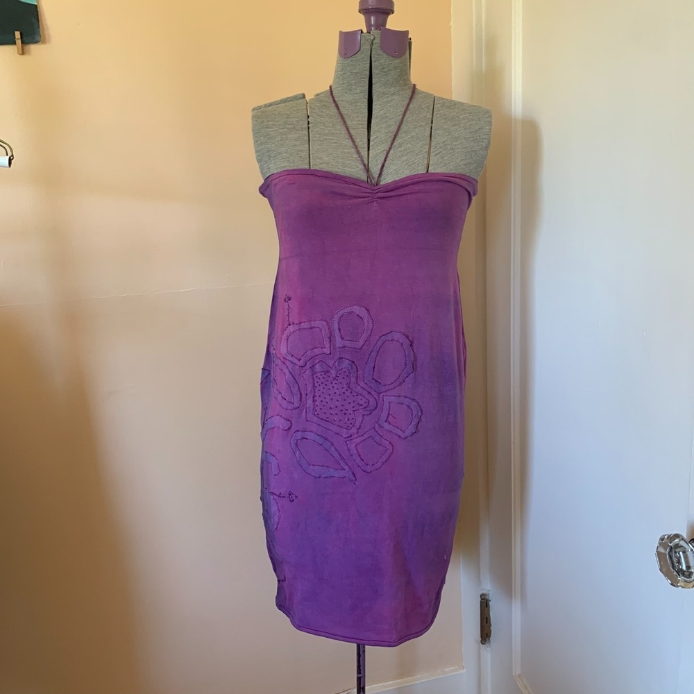 Handmade Purple Hand Dyed Embroidered Halter Tube Dress Floral Boho Mini Dress